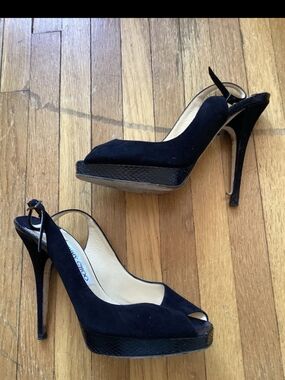 Title: Jimmy Choo Ladies Size 7/37 Black Suede/Snake-Skin Open Toe Strappy Heels